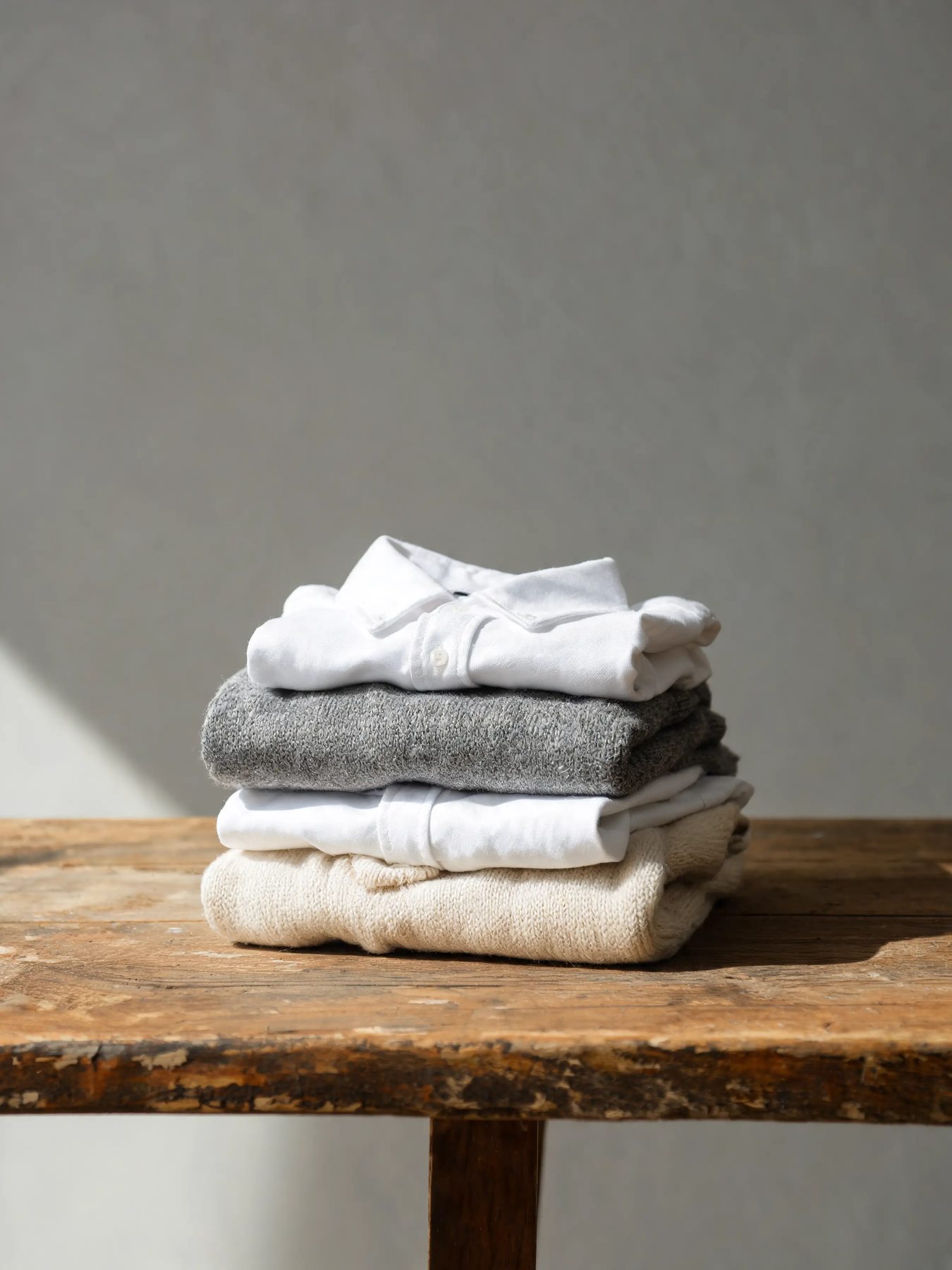 Folded knitwear and shirts stacked on a worn oak table